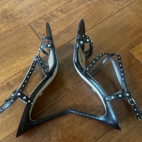 Sam Edelman Sandal Patent Leather Open Toe Studded 4.5" Heel Black - Picture 2 of 8